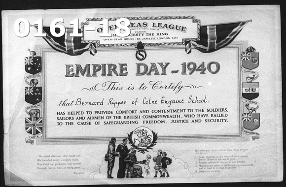 Empire Day Certificate awarded to Bernie Ripper. 1940
